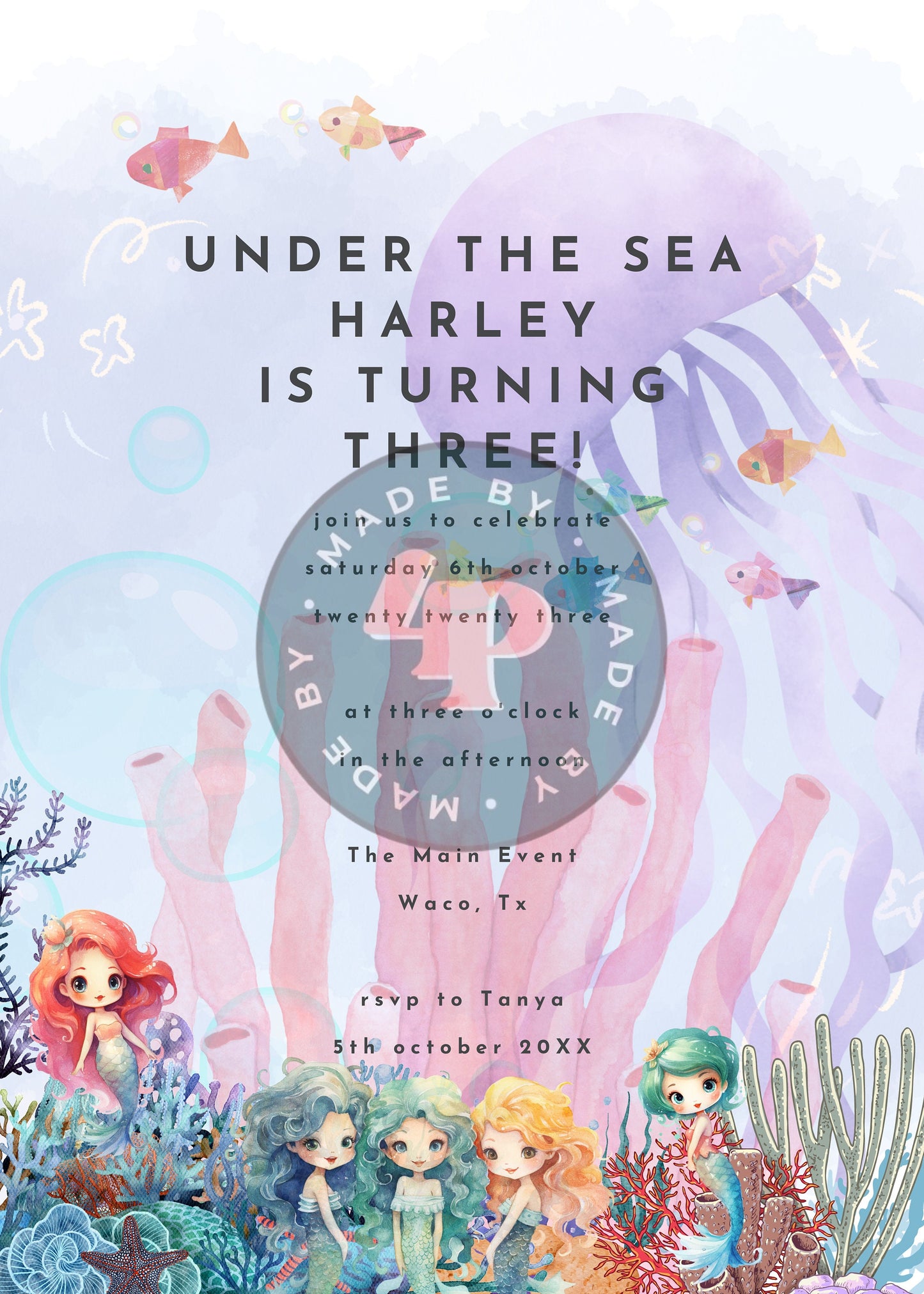 Editable Electronic Under the Sea Mermaid Birthday Invitation, Sea Mermaid Text Invite, Instant Phone Evite Sea Critters Invite