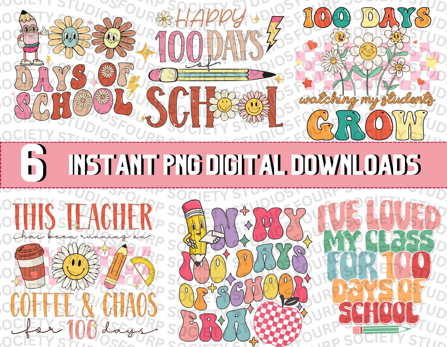 Retro Teacher 100 Days of School Bundle PNG