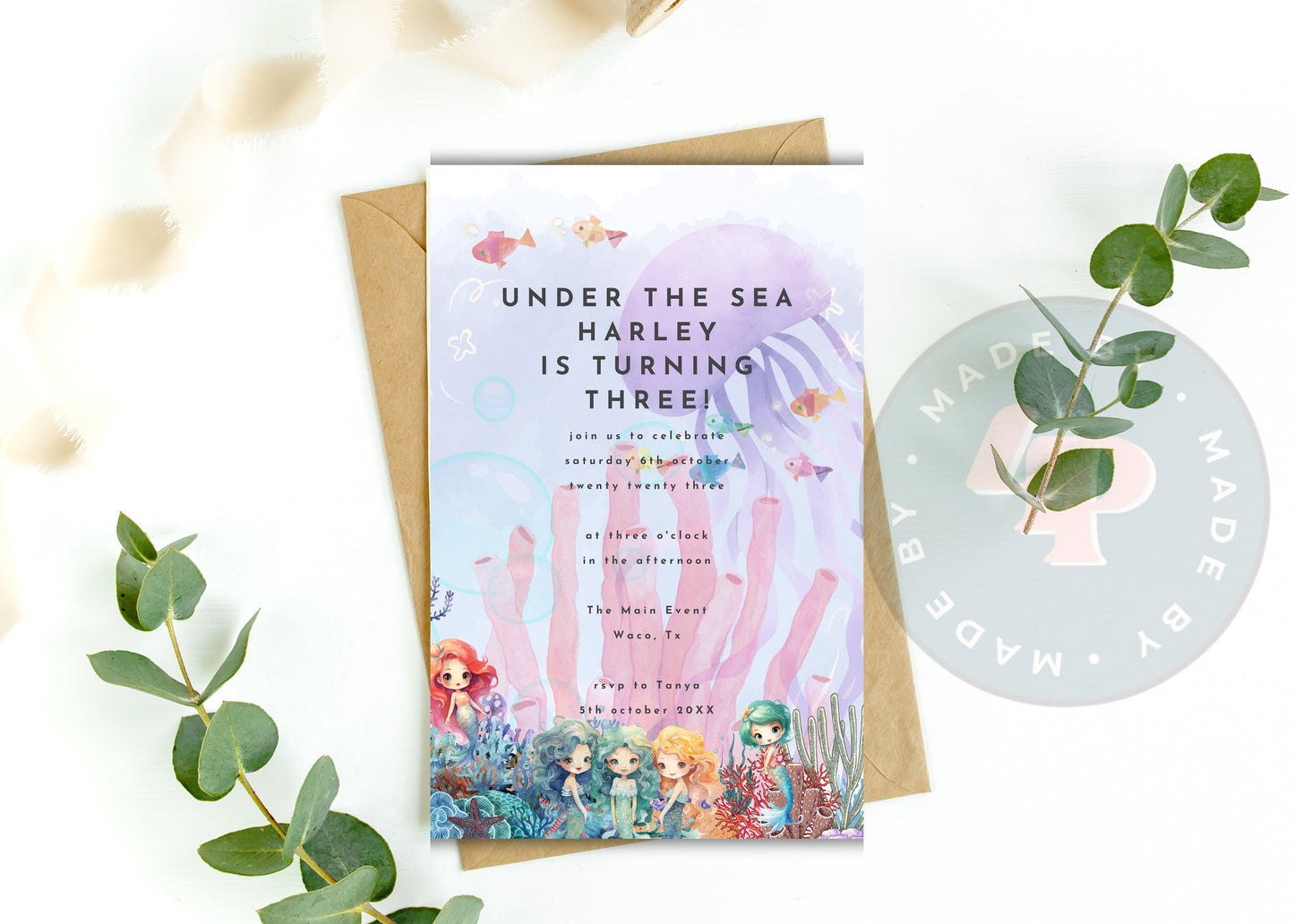 Editable Electronic Under the Sea Mermaid Birthday Invitation, Sea Mermaid Text Invite, Instant Phone Evite Sea Critters Invite