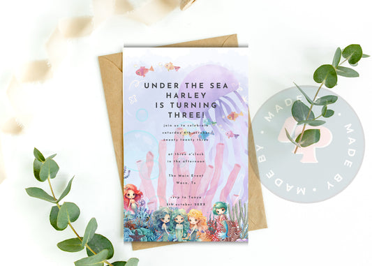 Editable Electronic Under the Sea Mermaid Birthday Invitation, Sea Mermaid Text Invite, Instant Phone Evite Sea Critters Invite
